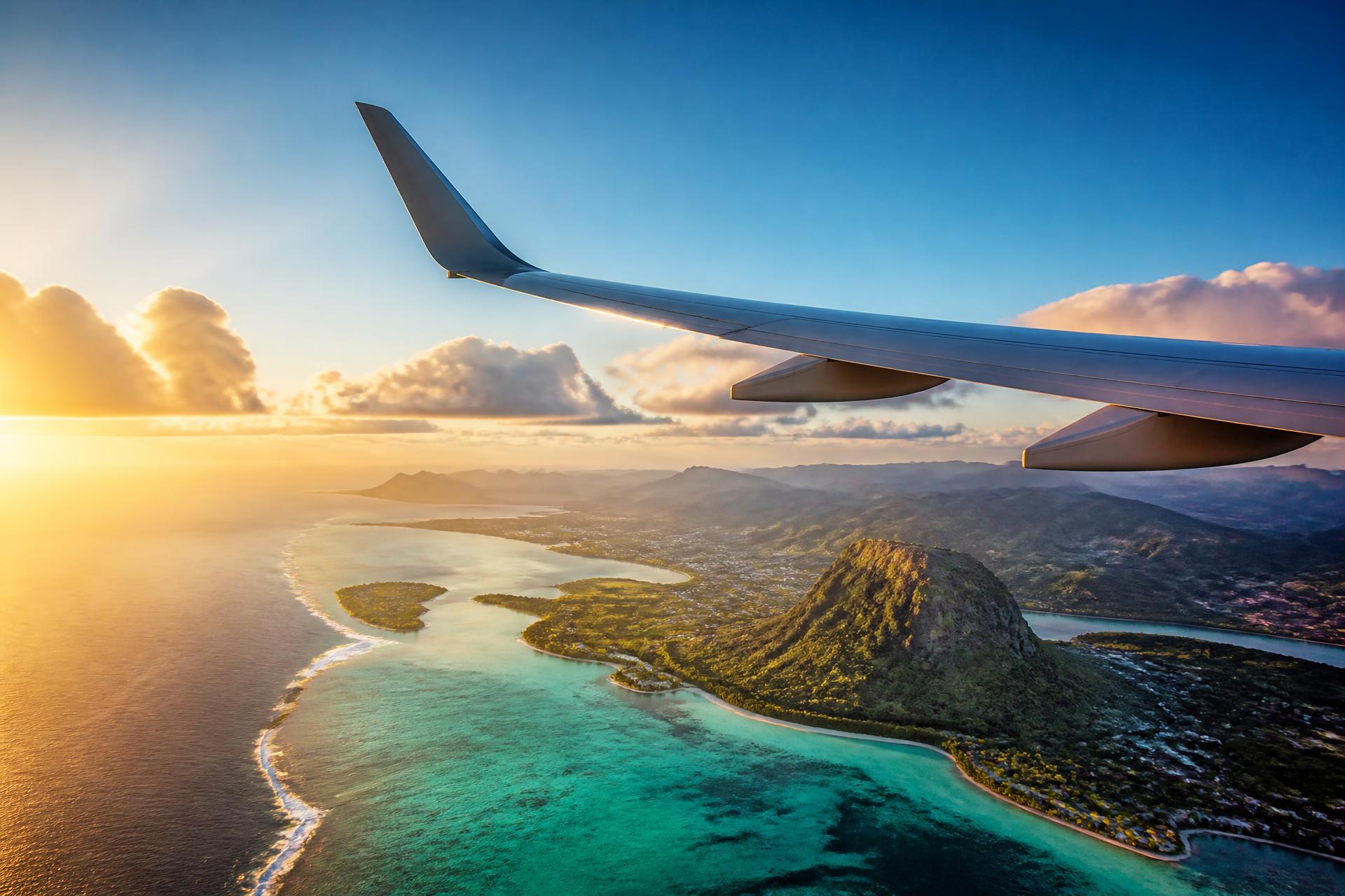 Aerial view of a tropical coastline from an aircraft wing at sunrise